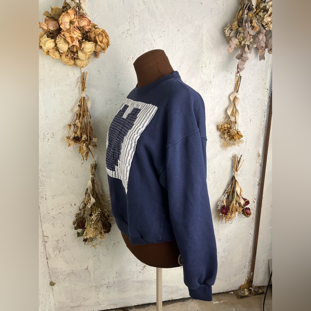 Vintage Quilted Patchwork Cottagecore Grandma Heart Blue Sweater Large - Picture 3 of 5